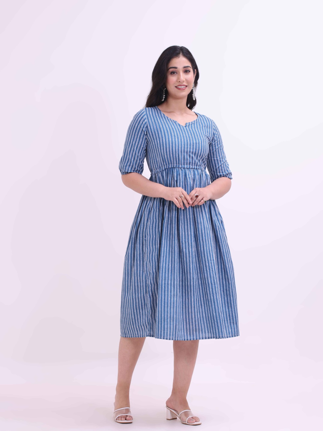 

Smartyhub Striped Puff Sleeves Cotton Fit and Flare Midi Ethnic Dress, Blue