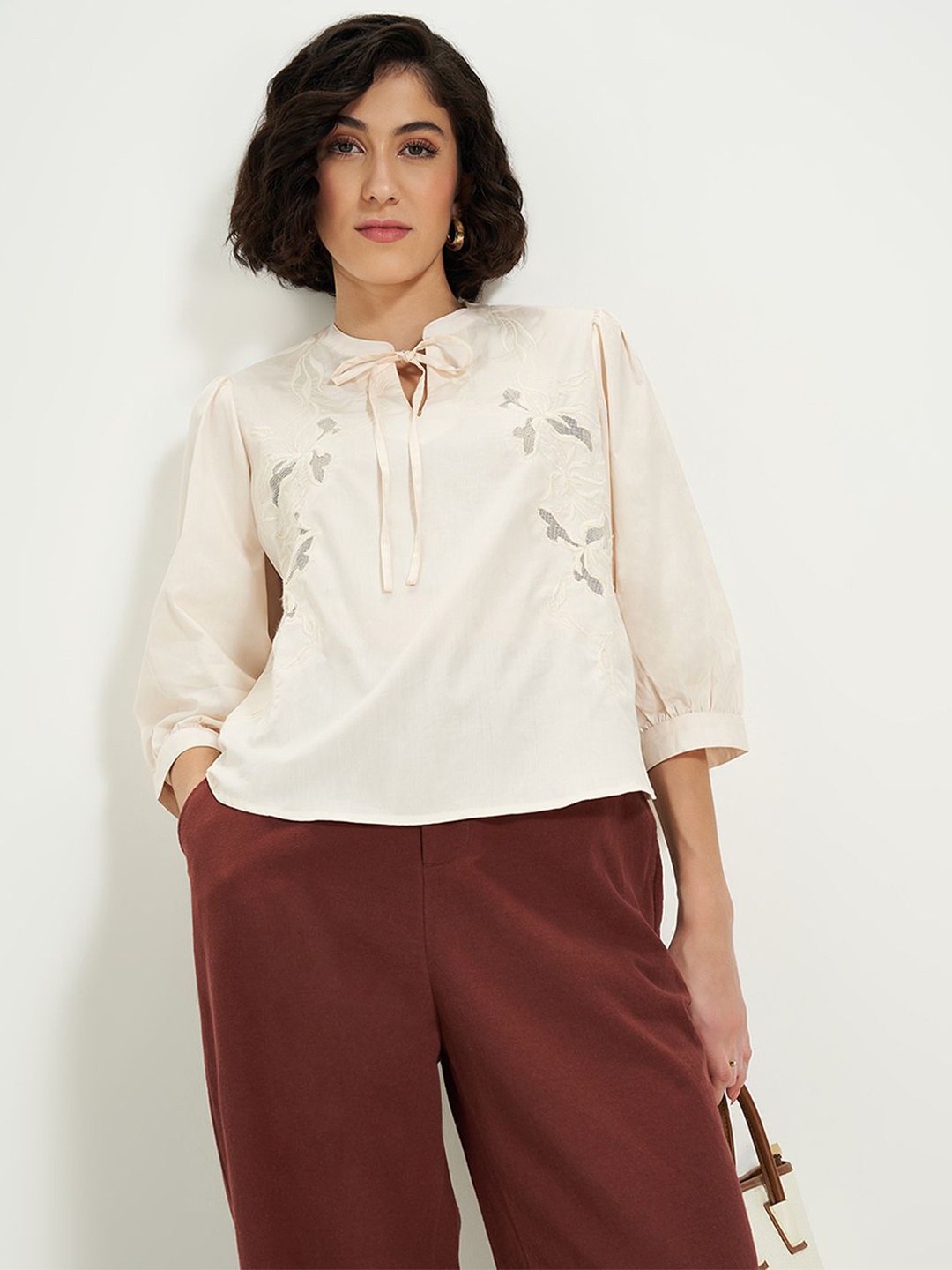 

Honey by Pantaloons Tie-Up Neck Cotton Top, Cream