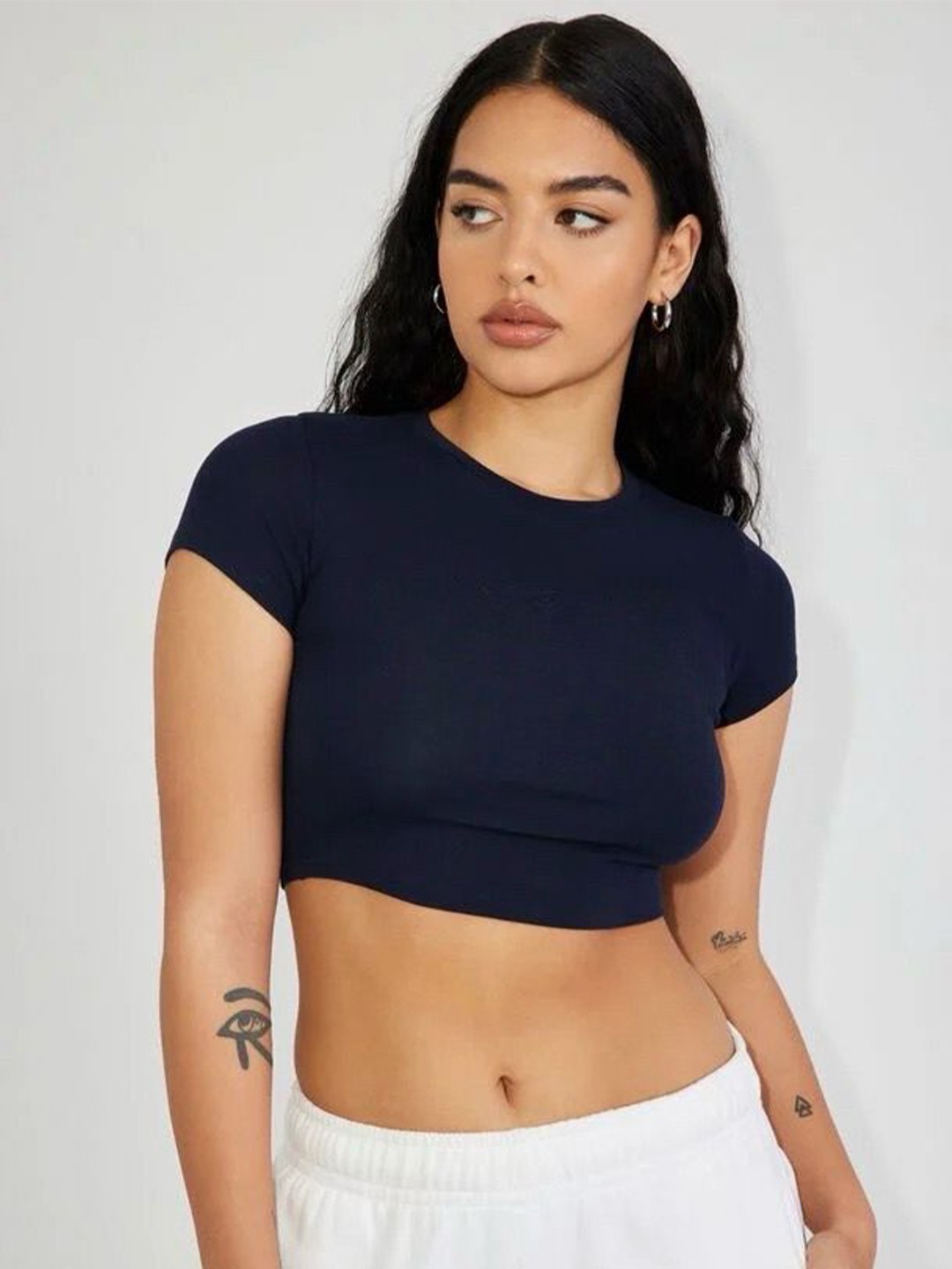 

sollobell Women Solid Cotton Fitted Crop Top, Blue