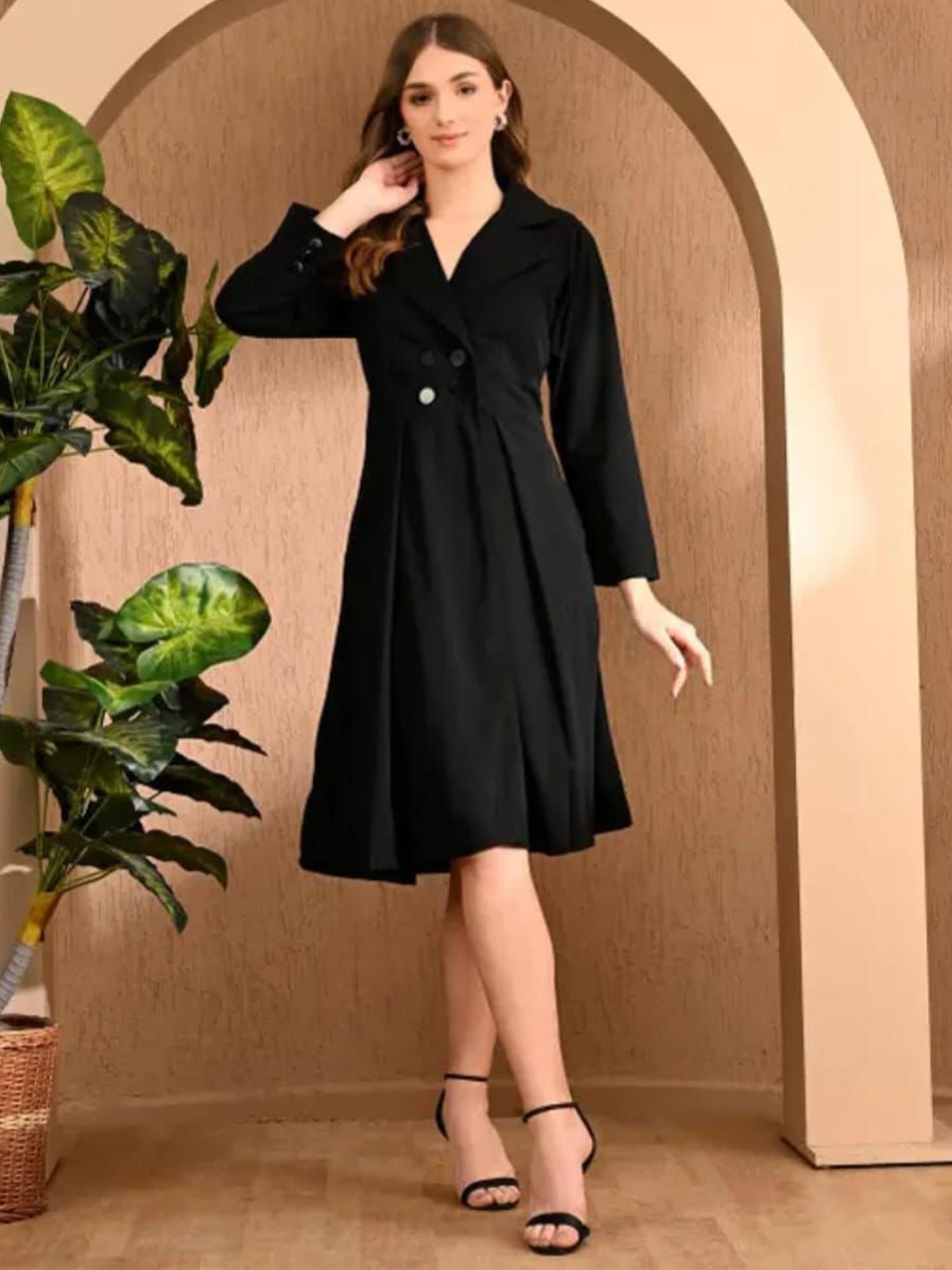 

Fashionhub Women Shirt Collar Cotton A-Line Knee Length Dress, Black