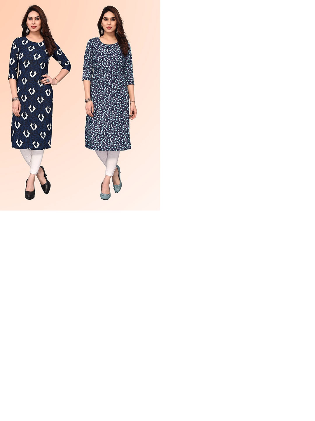 

KETAKI FASHION Selection Of 2 Abstract Printed Round Neck Straight Kurtas, Navy blue