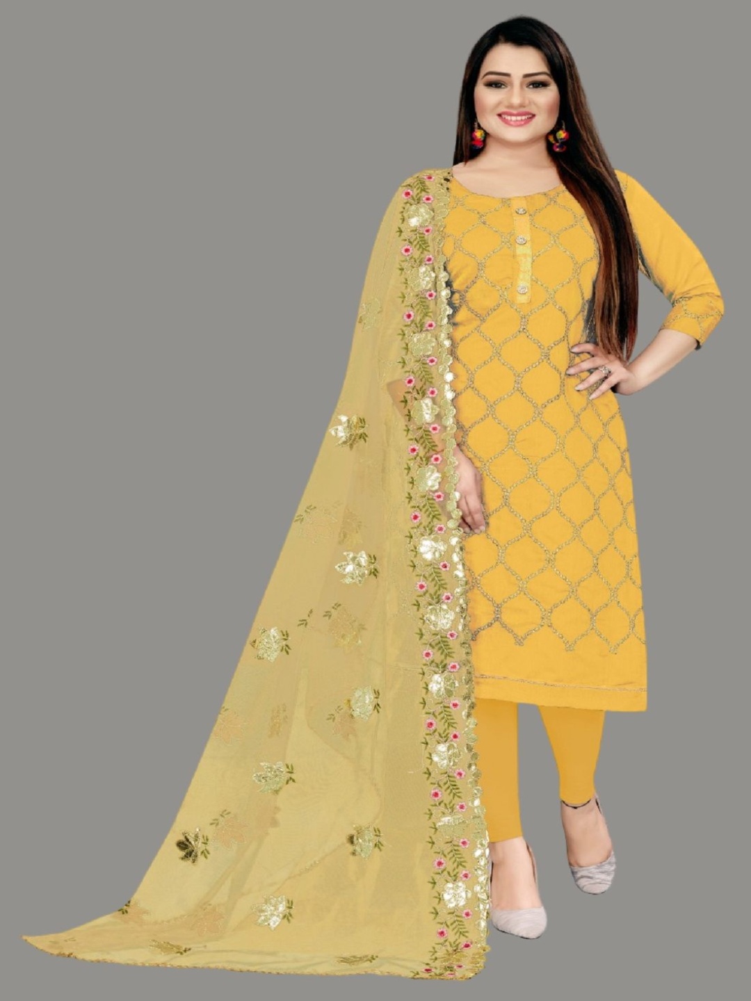 

A TO Z CART Floral Embroidered Pure Silk Unstitched Dress Material, Yellow