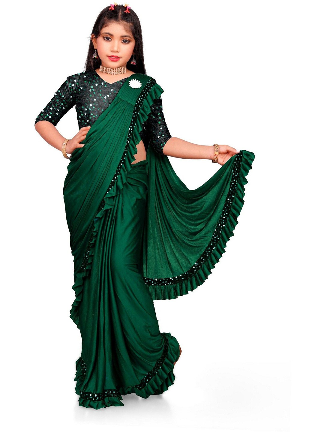 

Aika Girls Sequinned Saree, Green