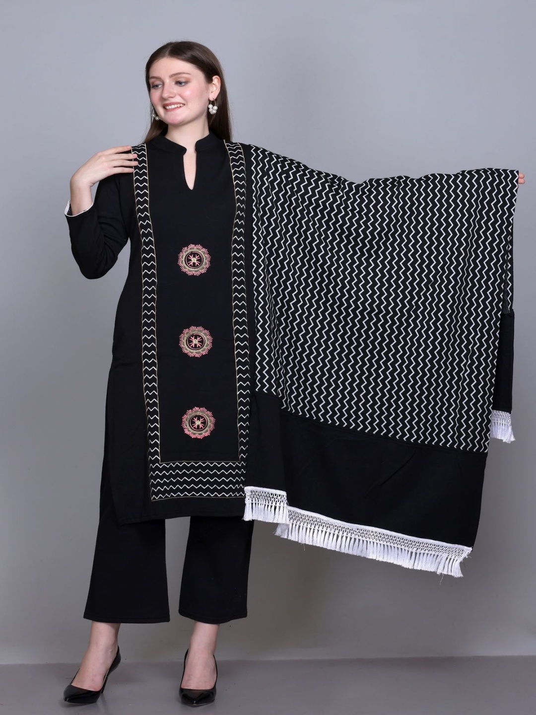 

ROSARY Winter Women Ethnic Motifs Regular Kurta with Palazzos & With Dupatta, Black