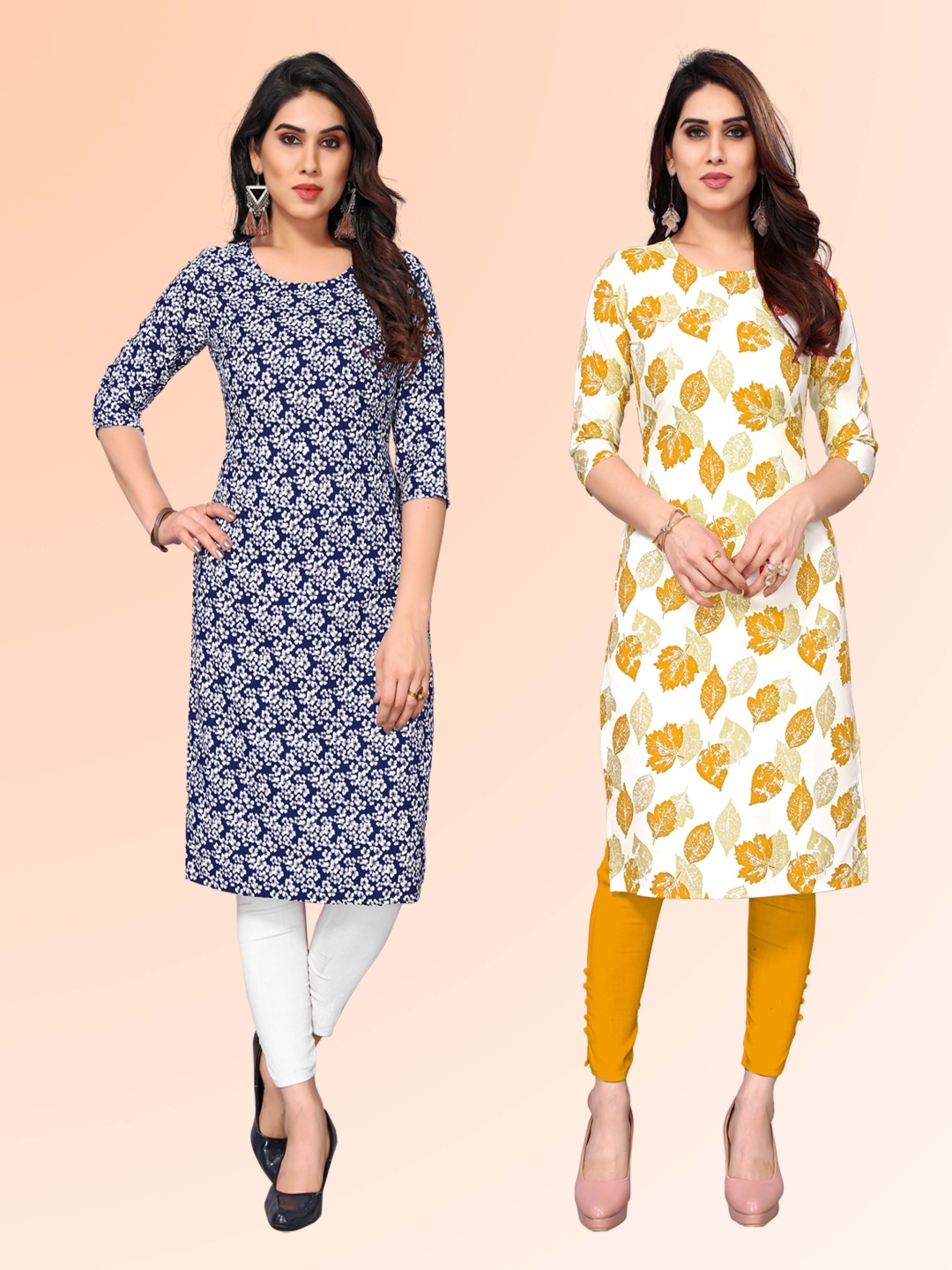 

KETAKI FASHION Selection of 2 Floral Printed Round Neck Straight Kurtas, Blue