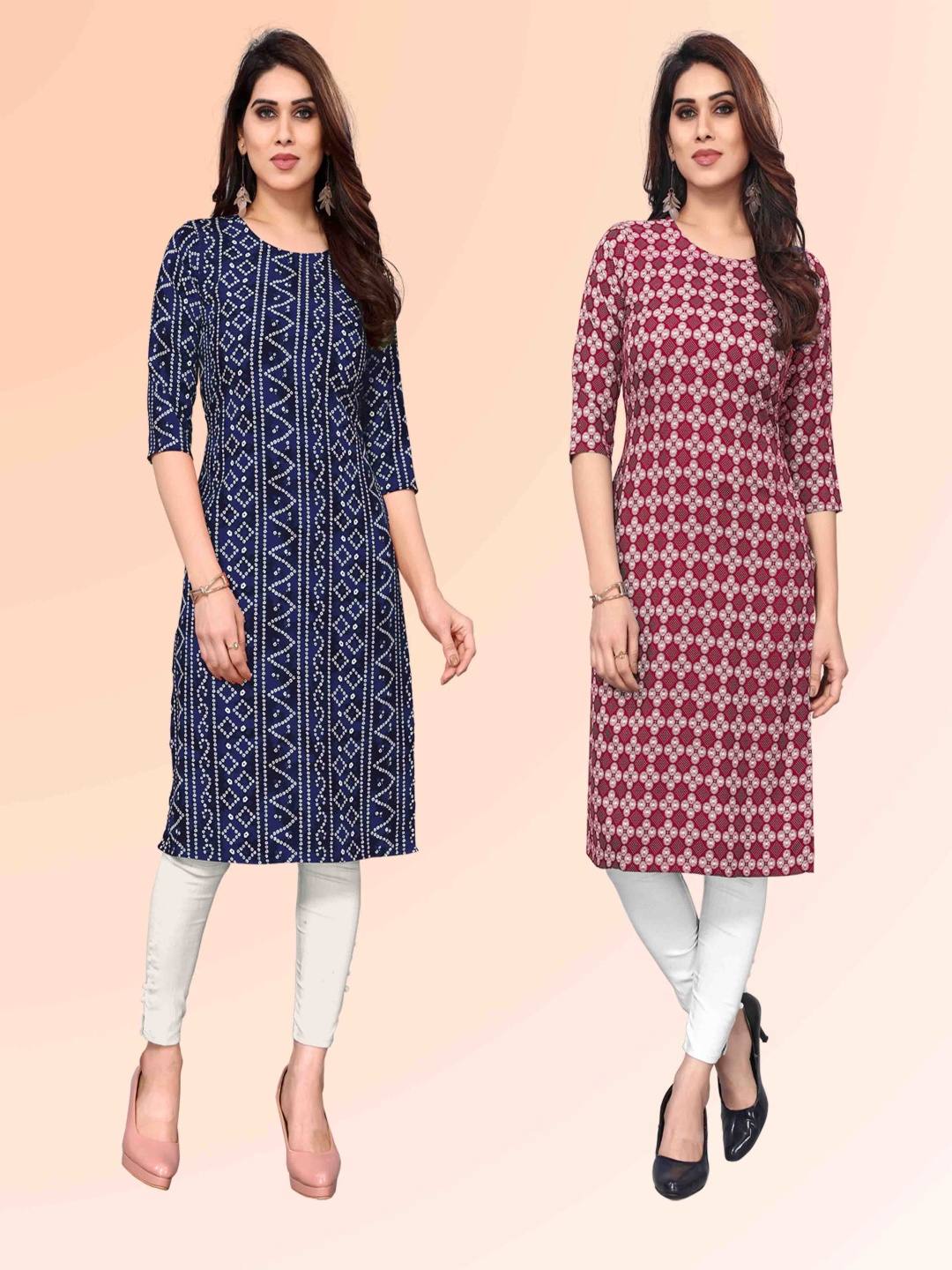 

KETAKI FASHION Selection Of 2 Bandhani Printed Round Neck Straight Kurtas, Navy blue