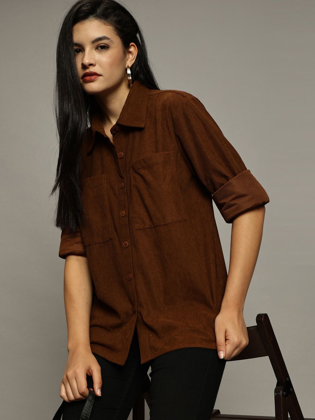 

The Roadster Lifestyle Co. Women Premium Boxy Fit Spread Collar Solid Casual Shirt, Brown