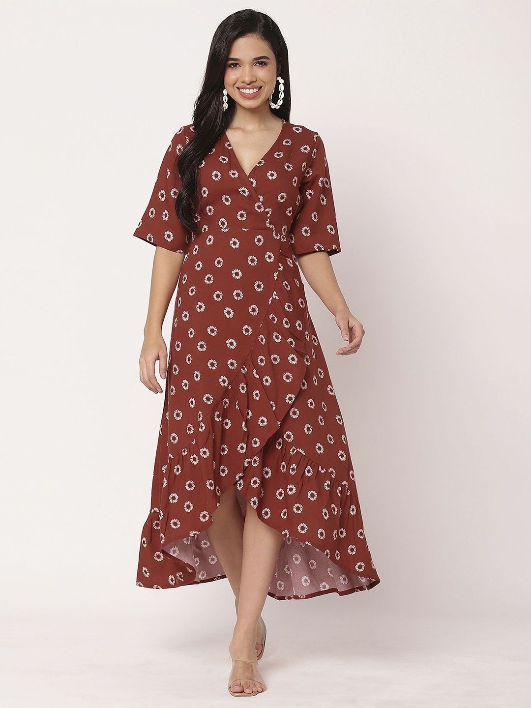 

Moomaya Floral Printed Flared Sleeve Wrap Maxi Dress, Maroon