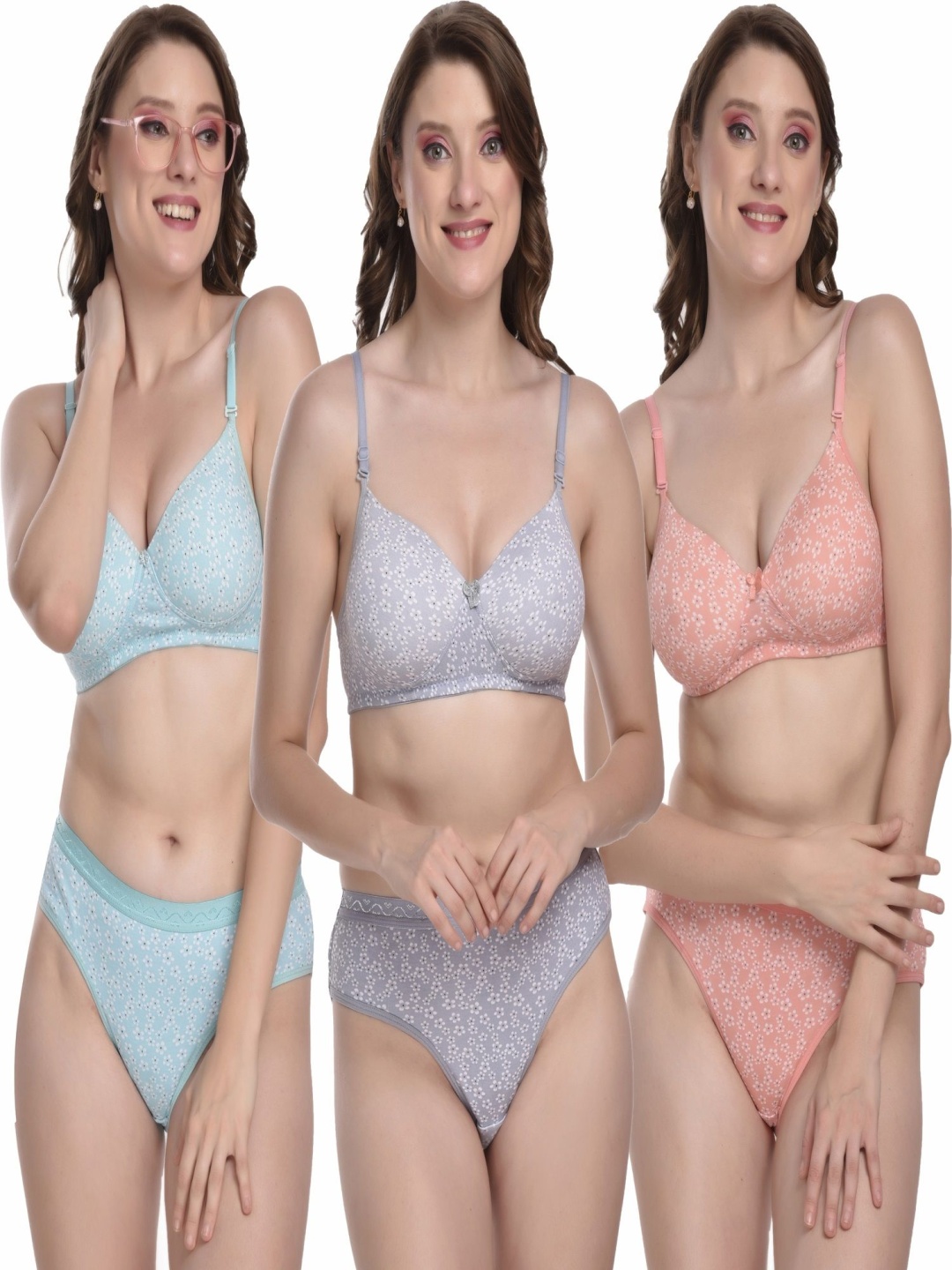 

MiEstilo Pack of 3 Lingerie Set with Coverage Padded Bra and Hipster Briefs, Blue