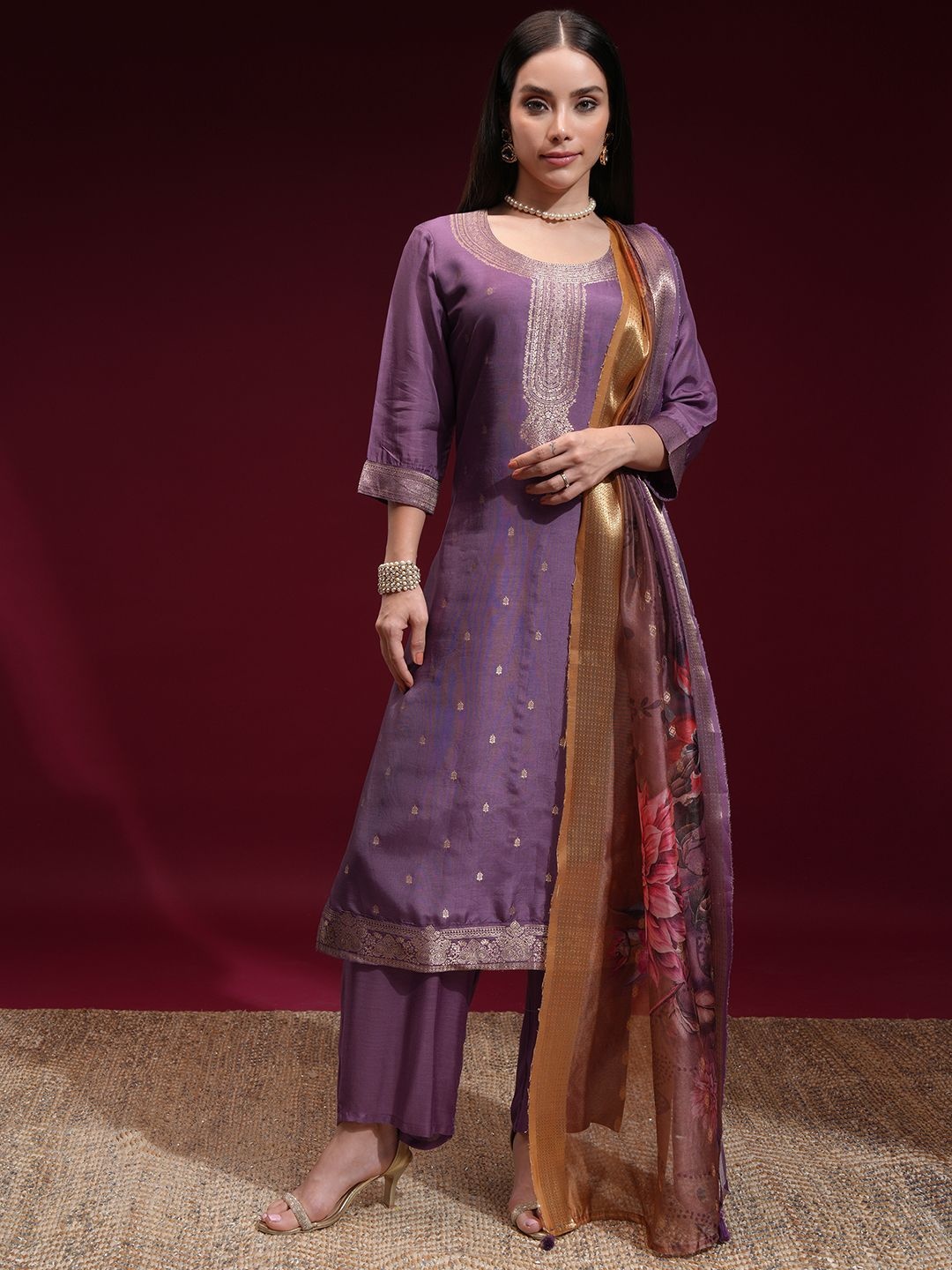 

Vishudh Ethnic Motifs Woven Design Print Round Neck Straight Kurta With Palazzo & Dupatta, Purple