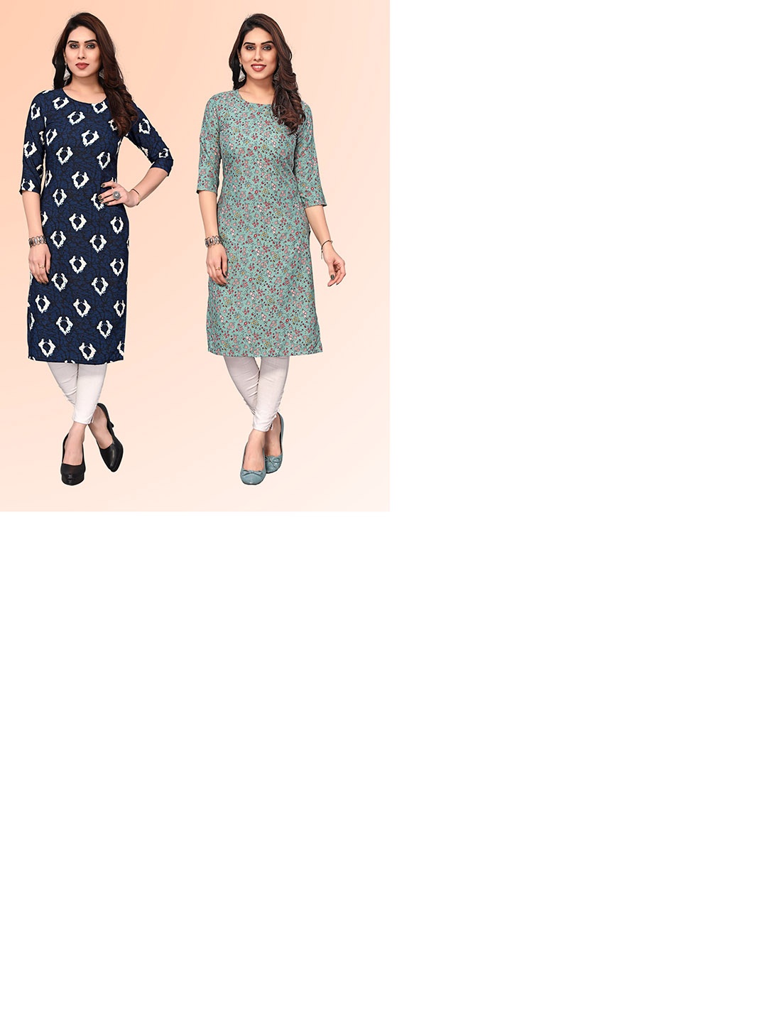 

KETAKI FASHION Selection of 2 Abstract Printed Round Neck Straight Kurtas, Navy blue