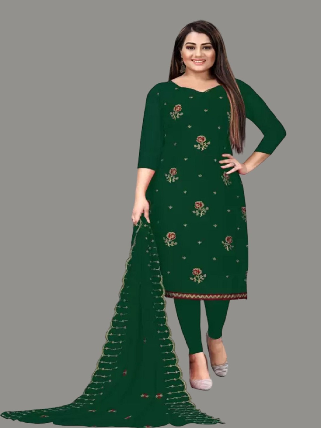 

A TO Z CART Floral Embroidered Silk Georgette Unstitched Dress Material, Green