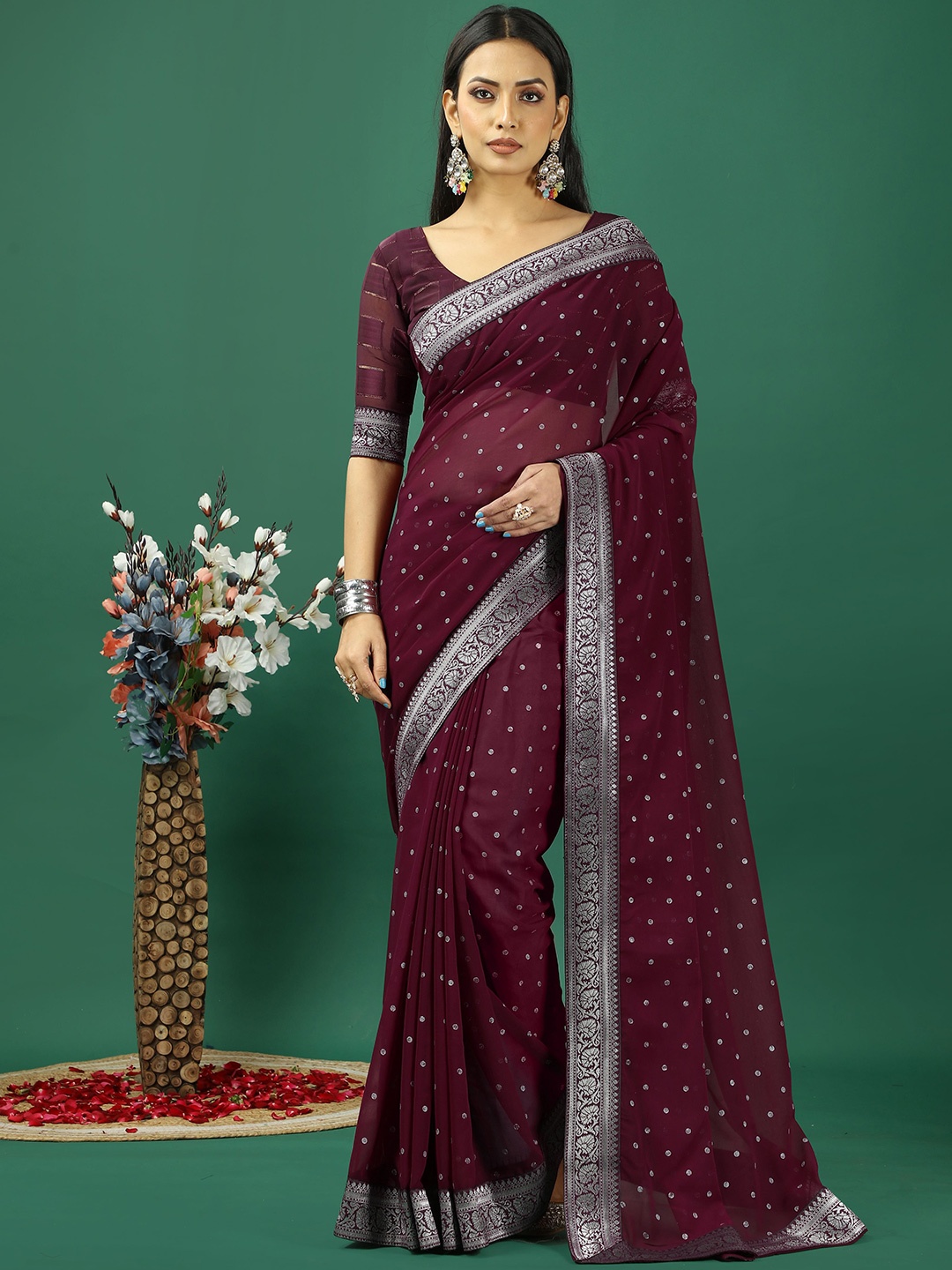 

HI FI NX Polka Dot Woven Design Zari Pure Georgette Banarasi Saree, Maroon