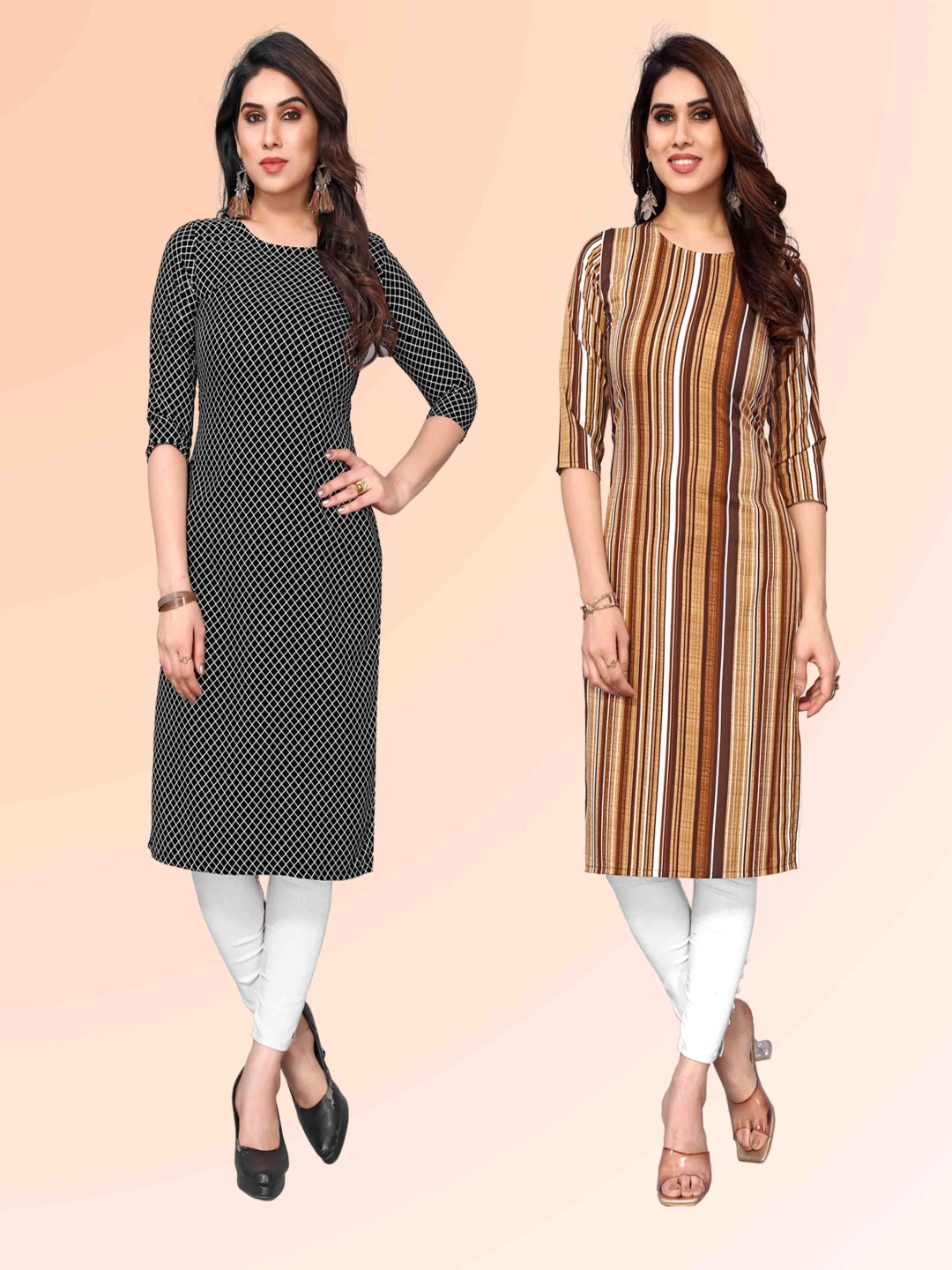 

KETAKI FASHION Selection Of 2 Checked Round Neck Straight Kurtas, Black