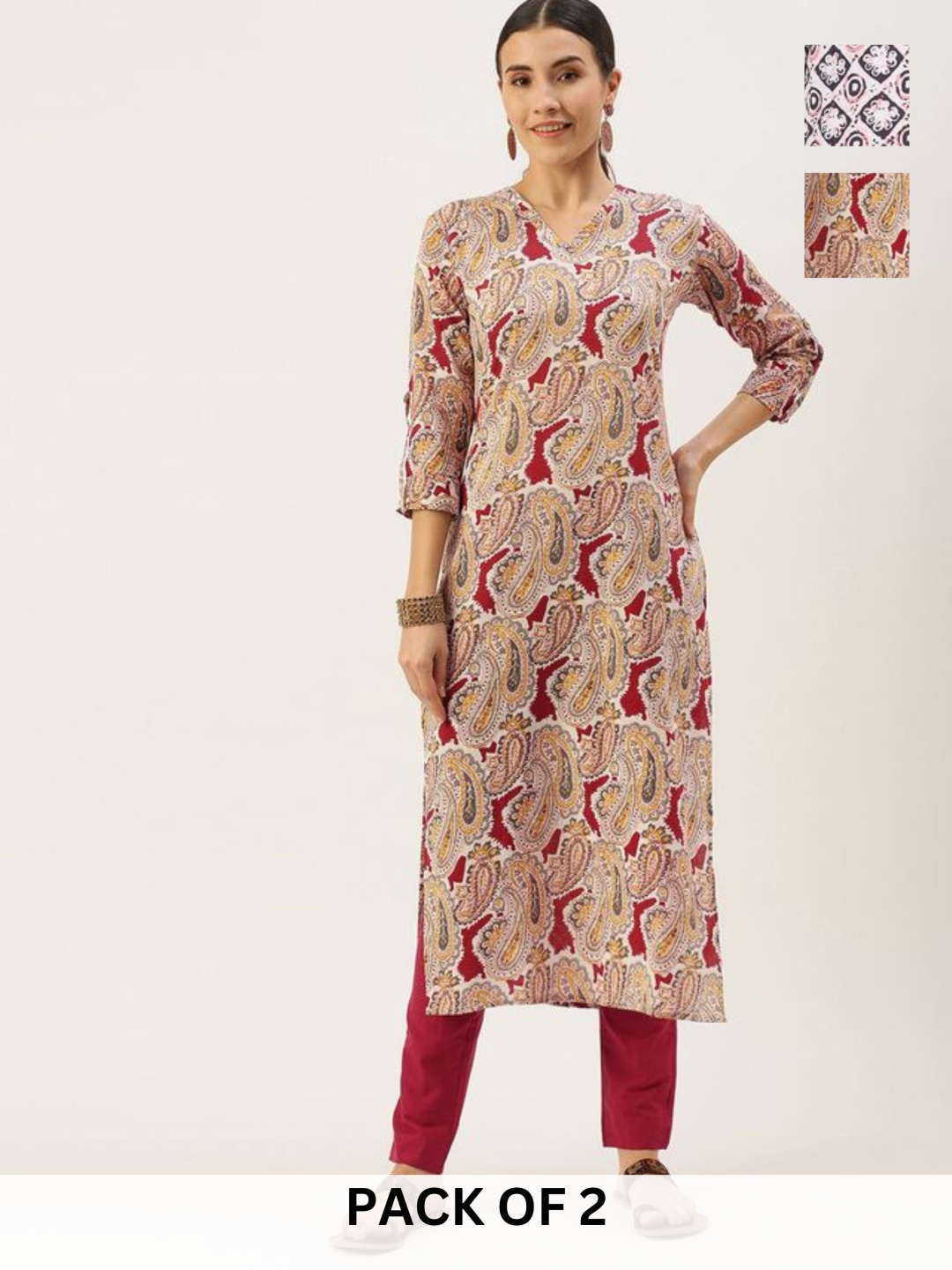 

KALINI Selection Of 2 Paisley Printed V-Neck Straight Kurta With Trousers, Cream