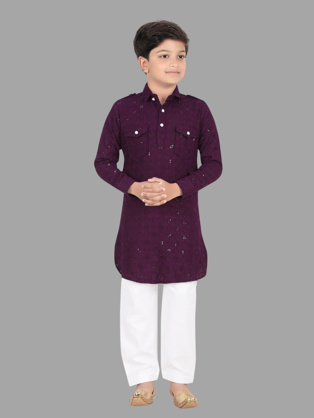 

BAESD Boys Geometric Printed Sequinned Straight Kurta With Pyjamas, Purple
