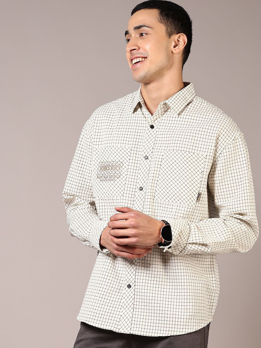 

V-Mart Men Spread Collar Micro Checked Cotton Casual Shirt, Beige