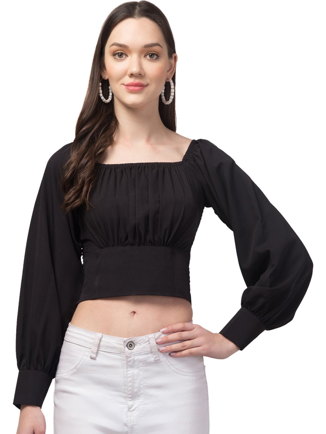

CULPI Women Bishop Sleeves Crop Blouson Top, Black