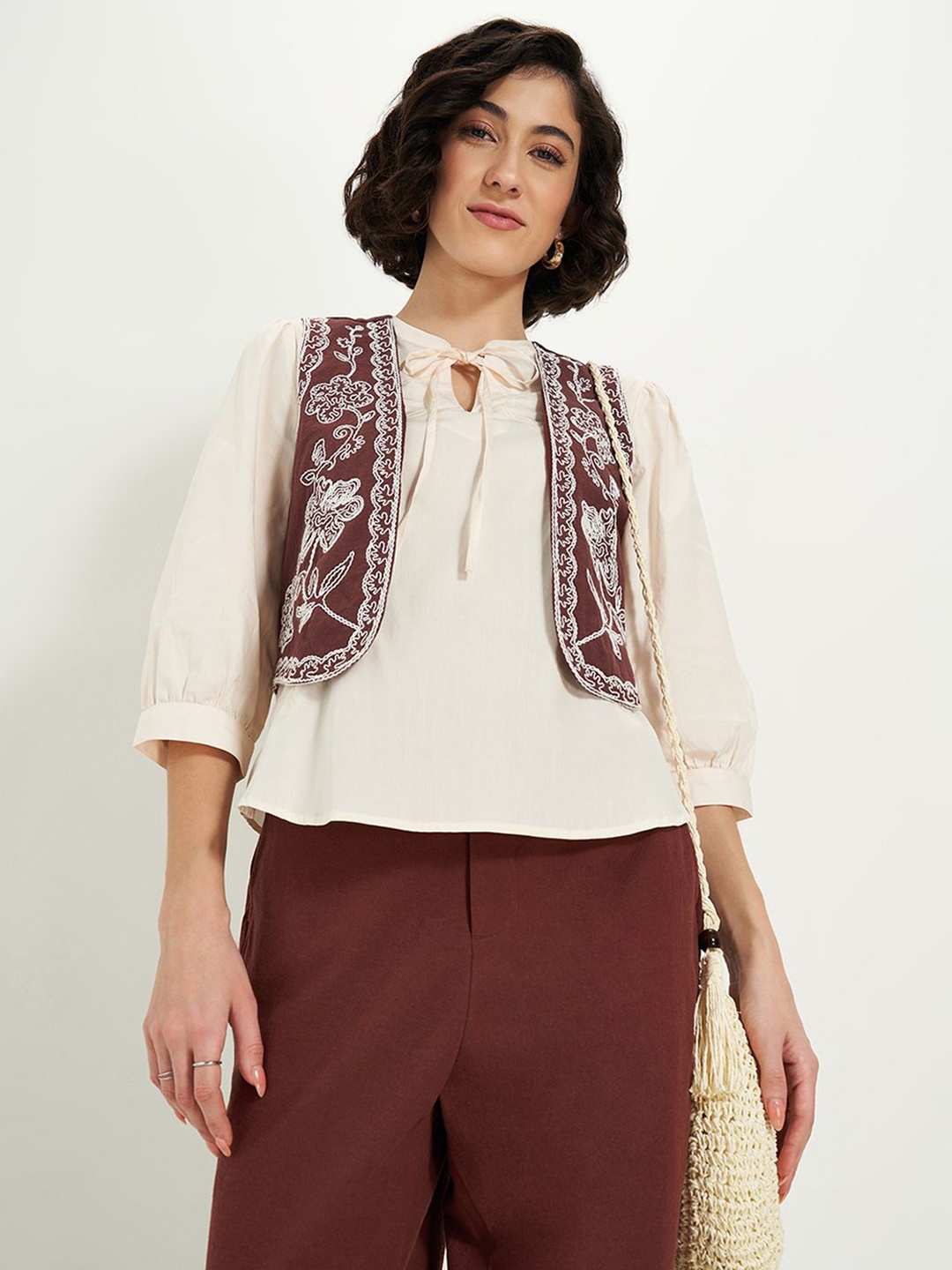 

Honey by Pantaloons Women Tie-Up Neck Puff Sleeves Cotton Top, Brown