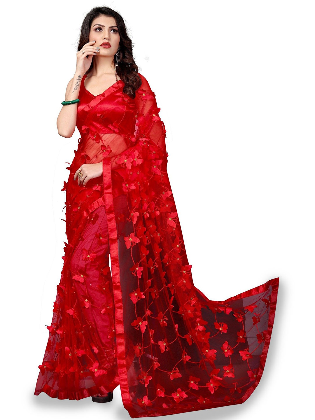 

Aika Woven Design Embroidered Net Saree, Red