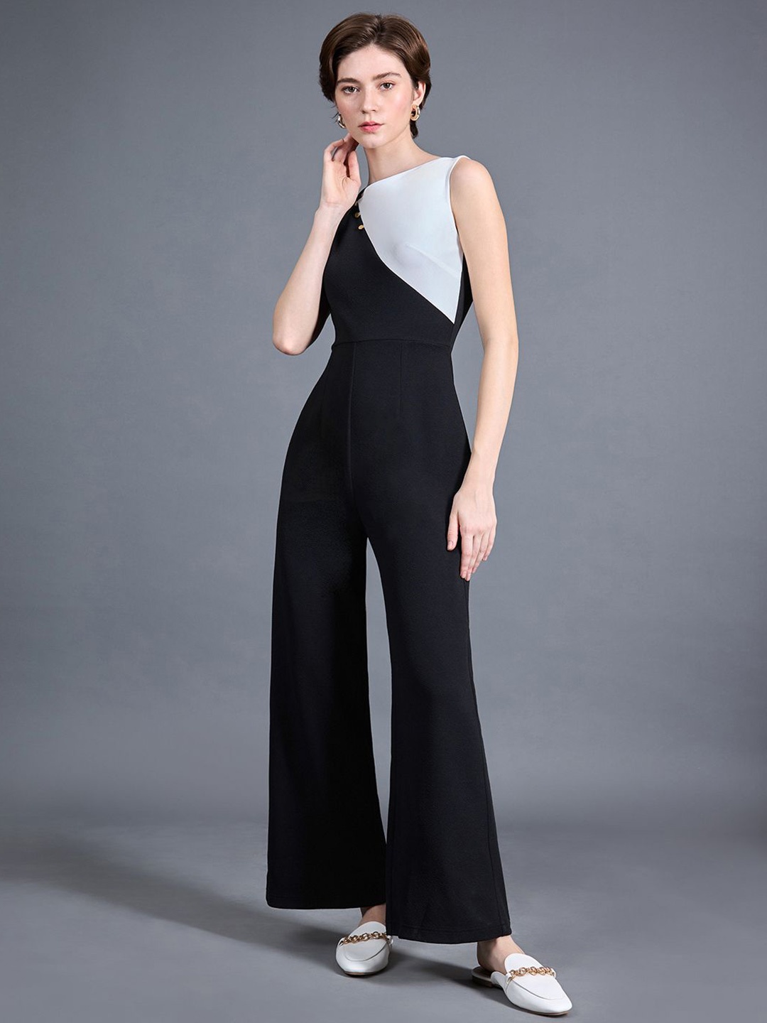 

Miss Chase Women Asymmetric Sleeveless Color-Block Panelled Formal Jumpsuit, Black