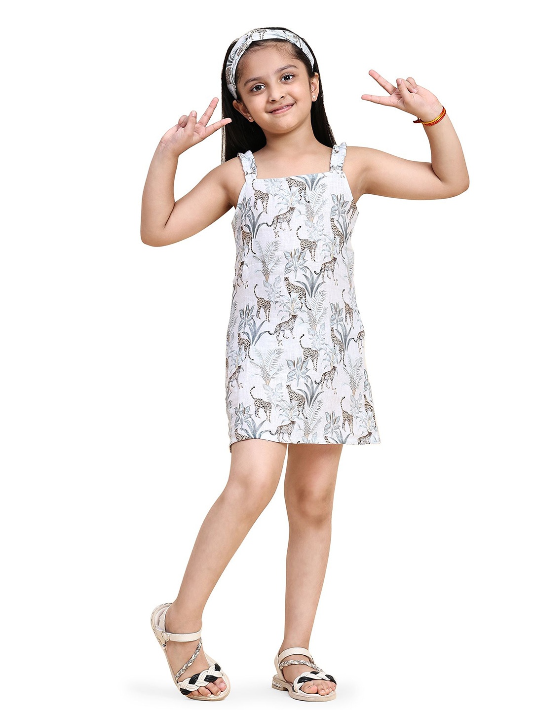 

Funny Bones Clothings Girls Animal Printed Linen A-Line Dress, Multi