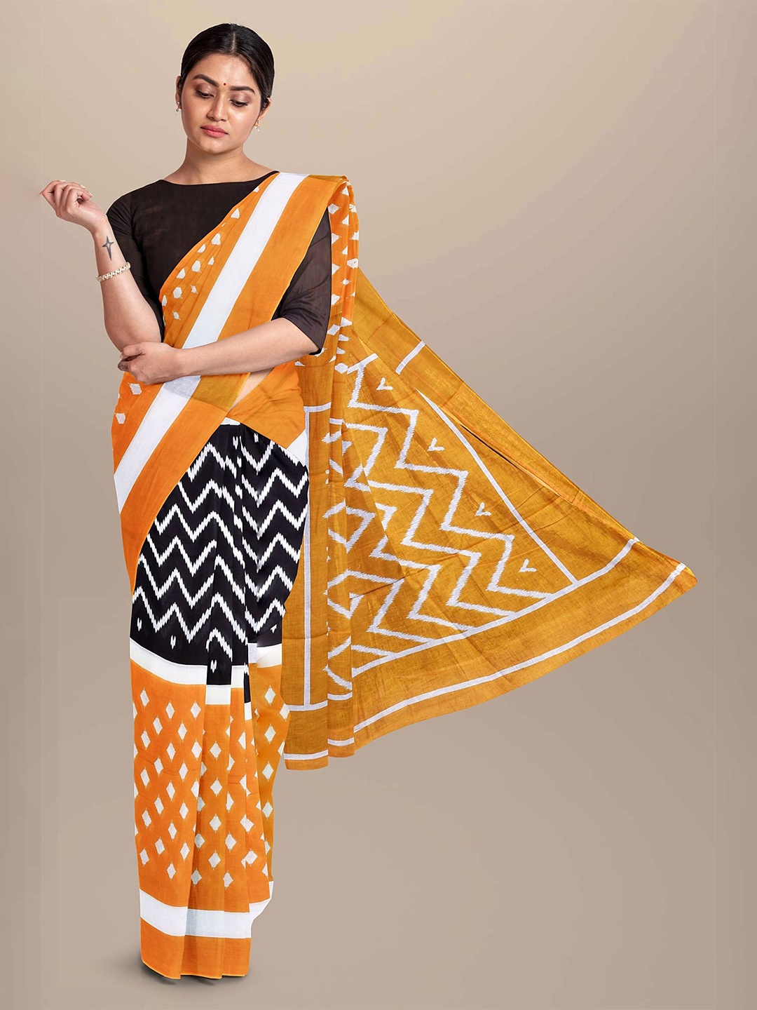 

Craft Musium Floral Pure Cotton Bagru Saree, Mustard