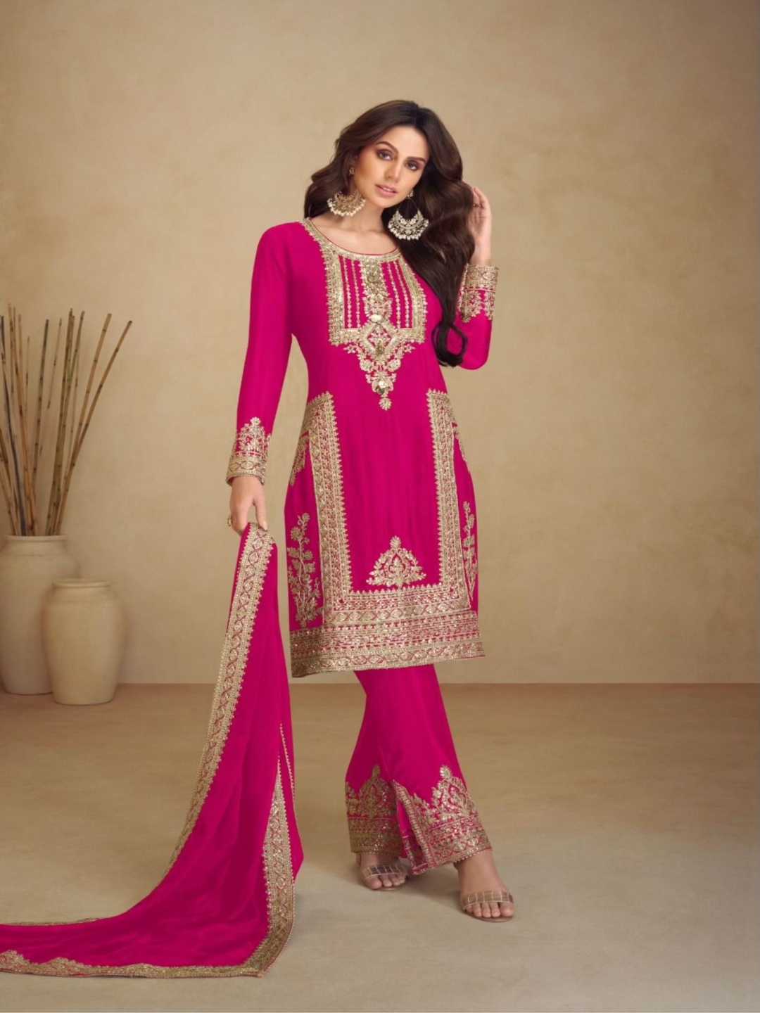 

ZIBLON Ethnic Motifs Embroidered Sequinned Straight Kurta with Palazzos & Dupatta, Pink