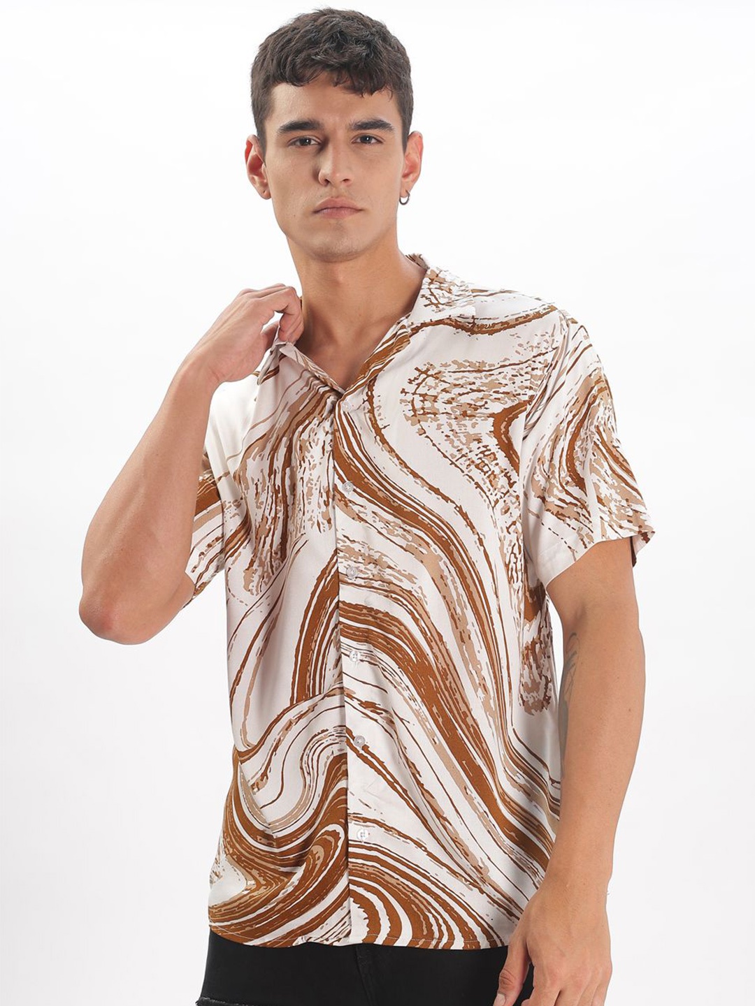 

BUMCHIQ Men Comfort Relaxed Fit Cuban Collar Abstract Printed Cotton Casual Shirt, Off white