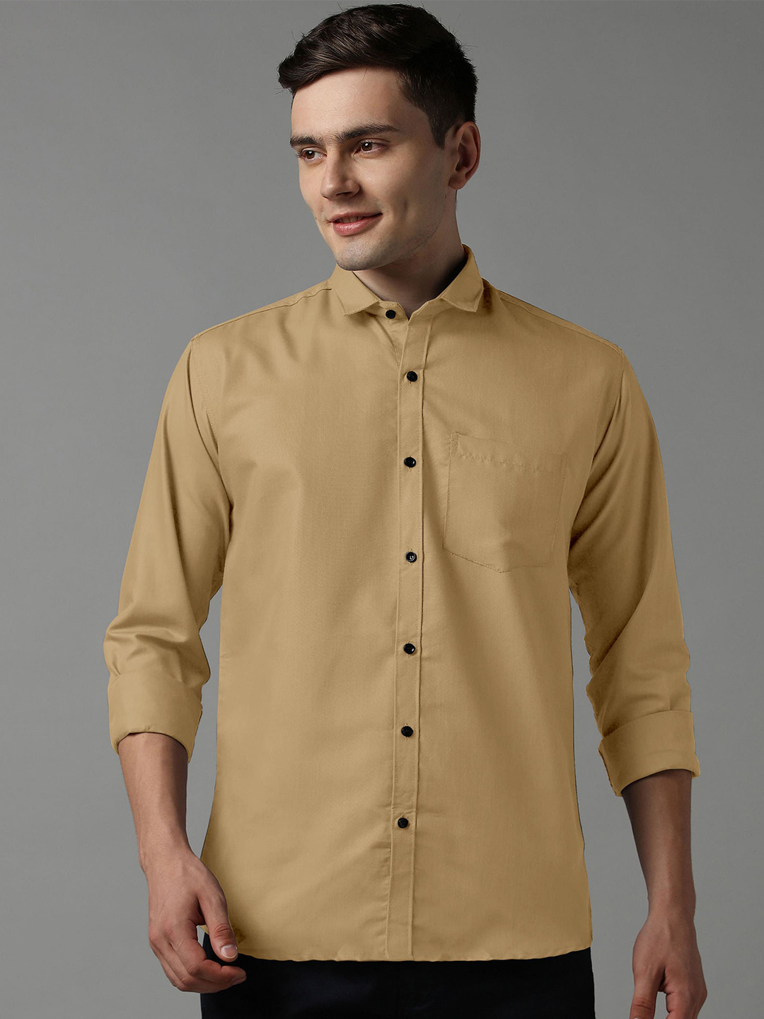 

WOXEN Men Original Fit Spread Collar Solid Cotton Formal Shirt, Beige