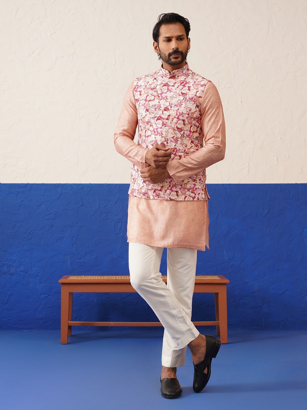 

TheEthnic.Co Men Pure Cotton Kurta with Trousers Cord & Textured jacket set, Peach