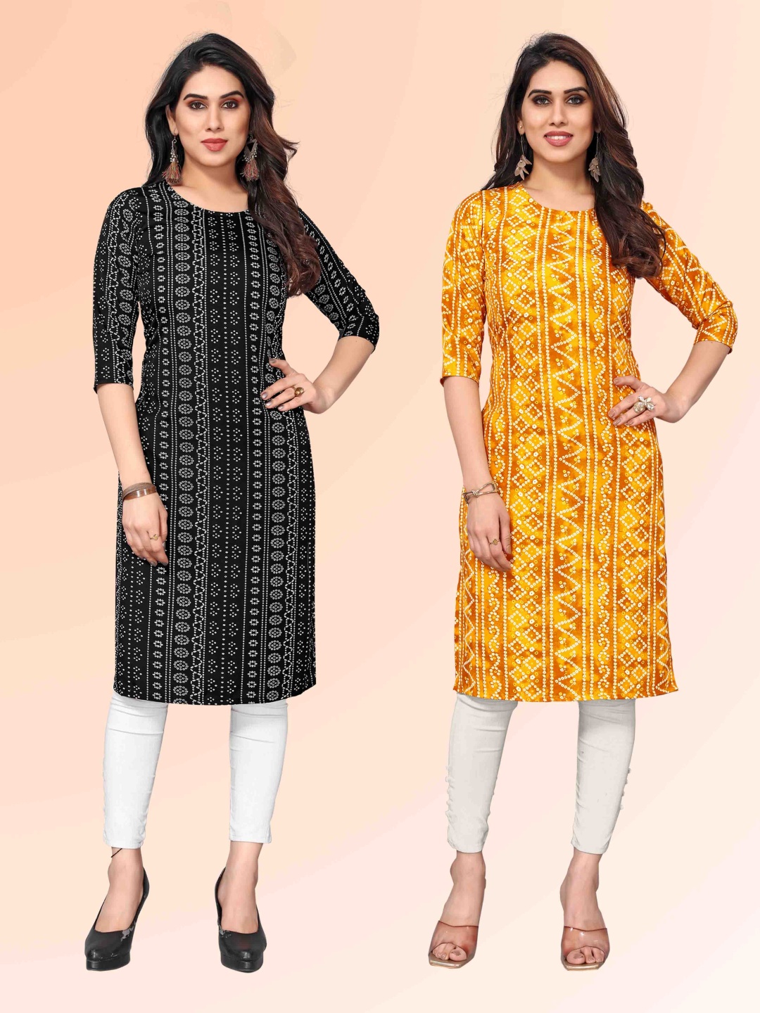 

KETAKI FASHION Selection Of 2 Bandhani Printed Straight Kurtas, Black