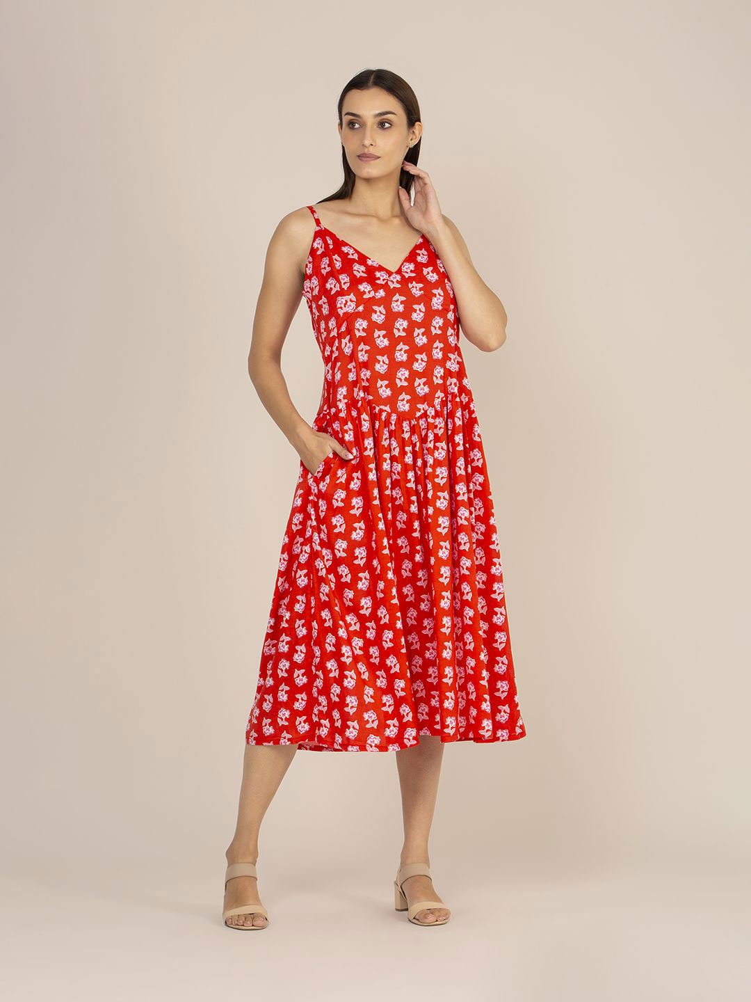 

AMSWAN Women Floral Printed Fit and Flare Midi Dress, Red