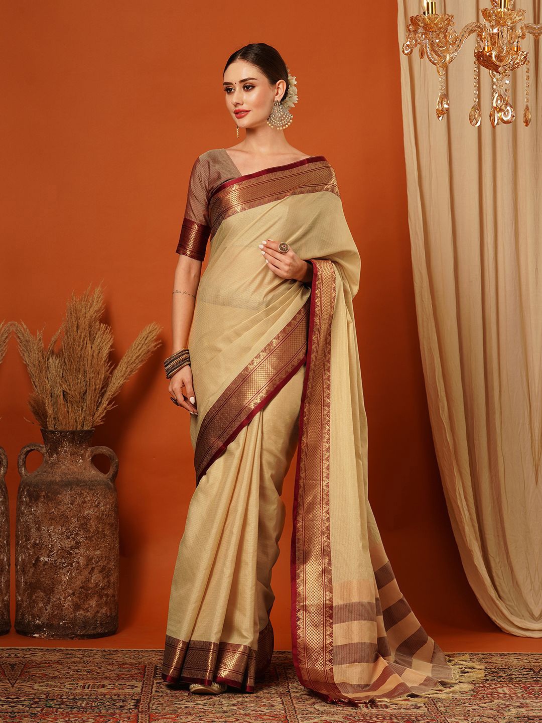 

WINKLECART Woven Design Zari Pure Silk Banarasi Saree, Brown