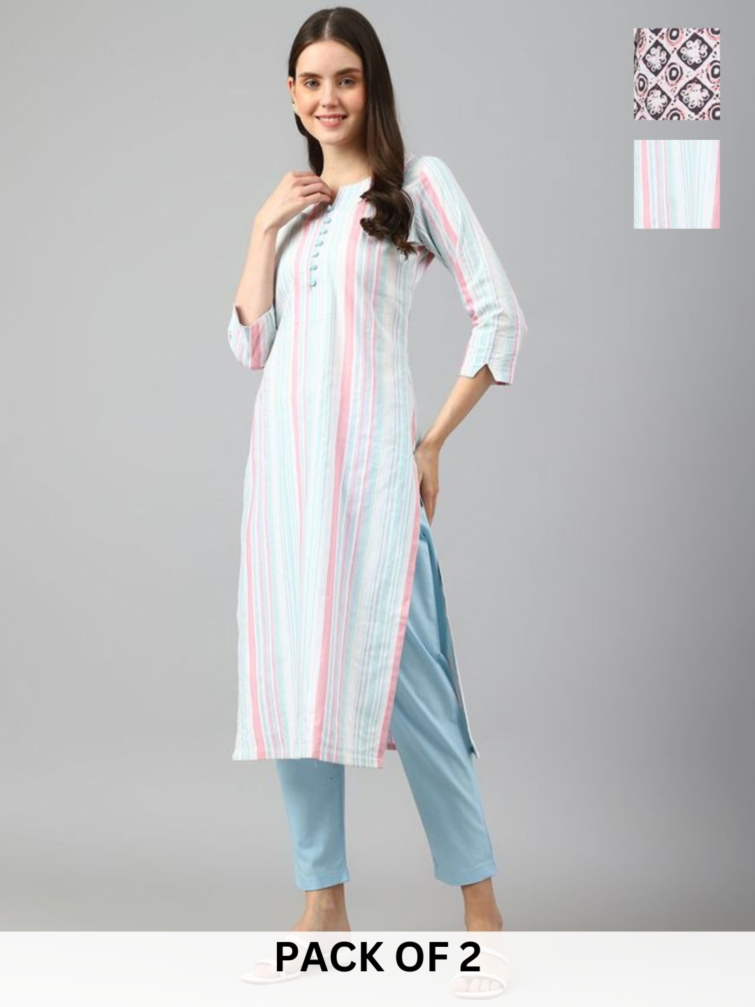 

KALINI Selection Of 2 Striped Round Neck Kurta with Trousers, Peach