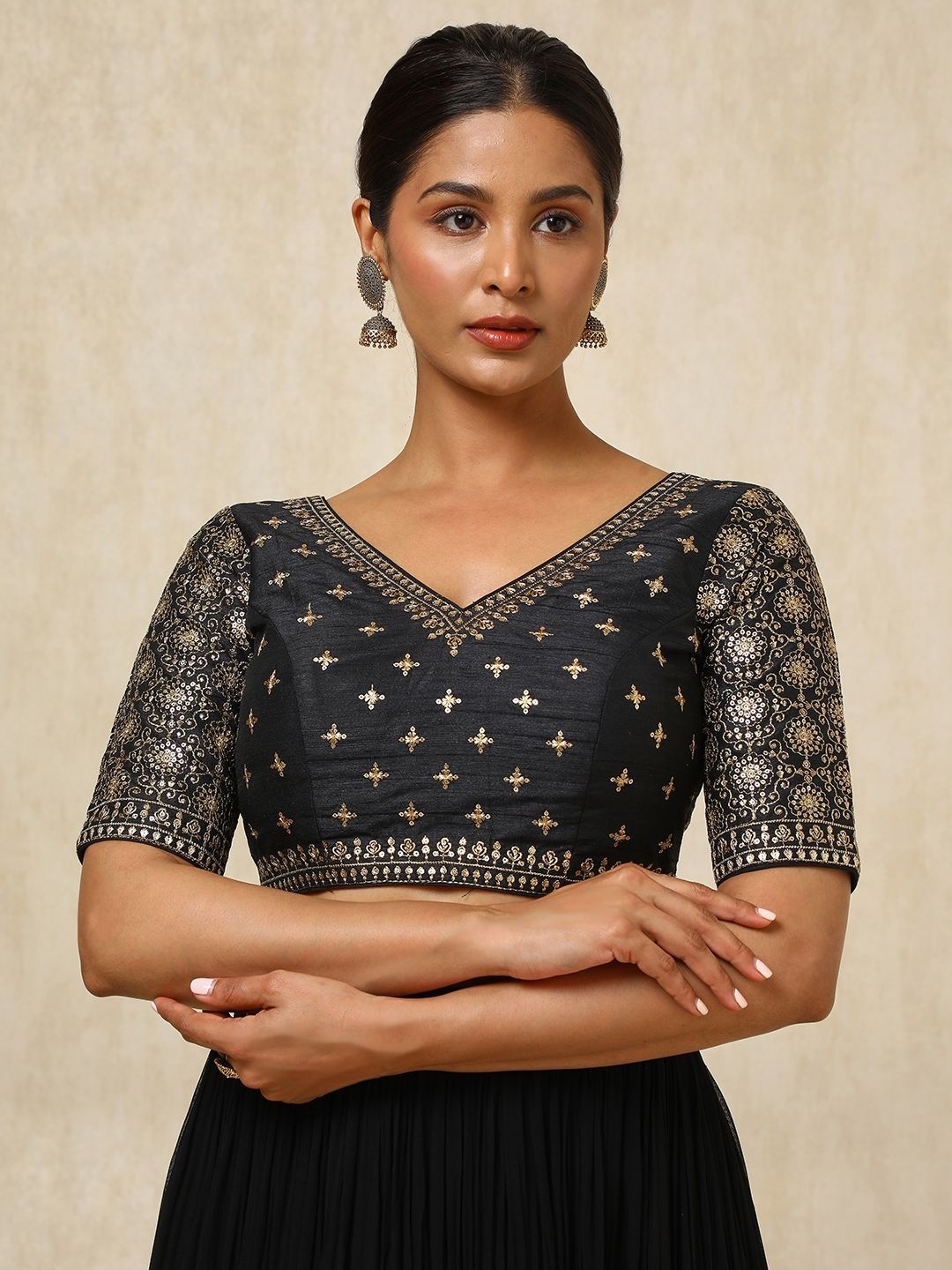 

Soch Tussar Embroidered Sequins Padded Saree Blouse, Black