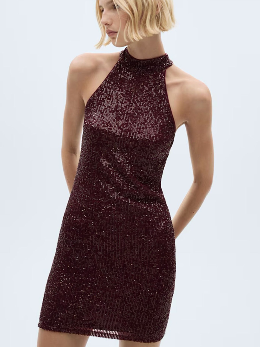 

LULU & SKY Women Embellished Sequined Halter Neck Bodycon Dress, Burgundy