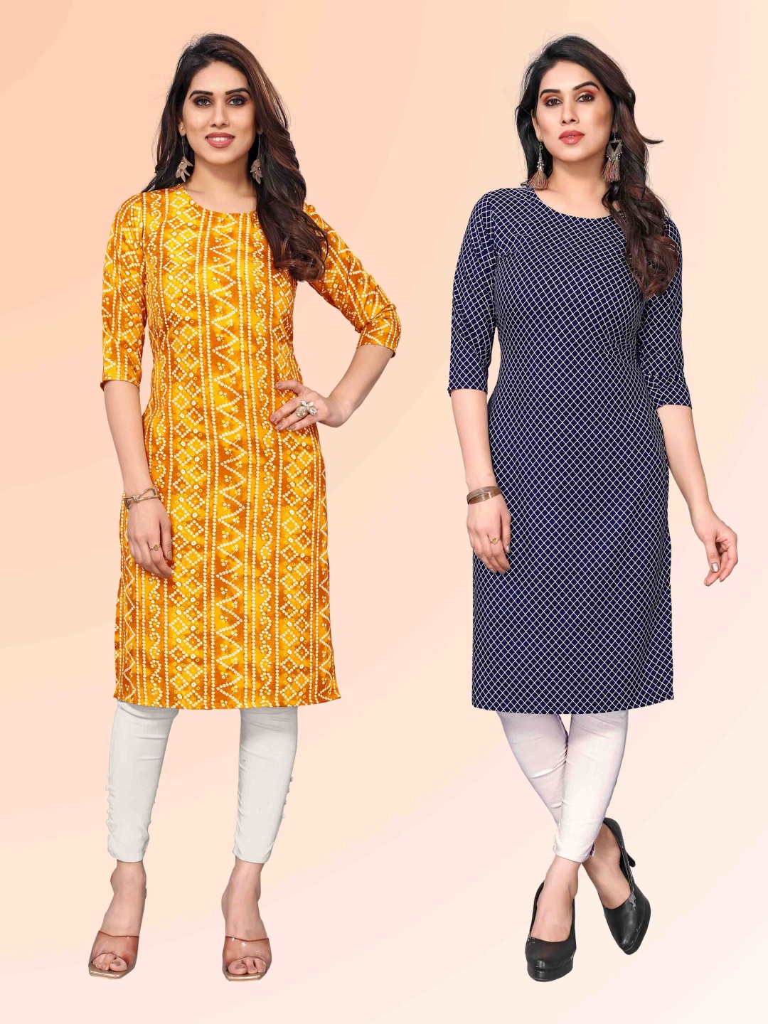 

KETAKI FASHION Selection Of 2 Bandhani Printed Round Neck Straight Kurtas, Mustard