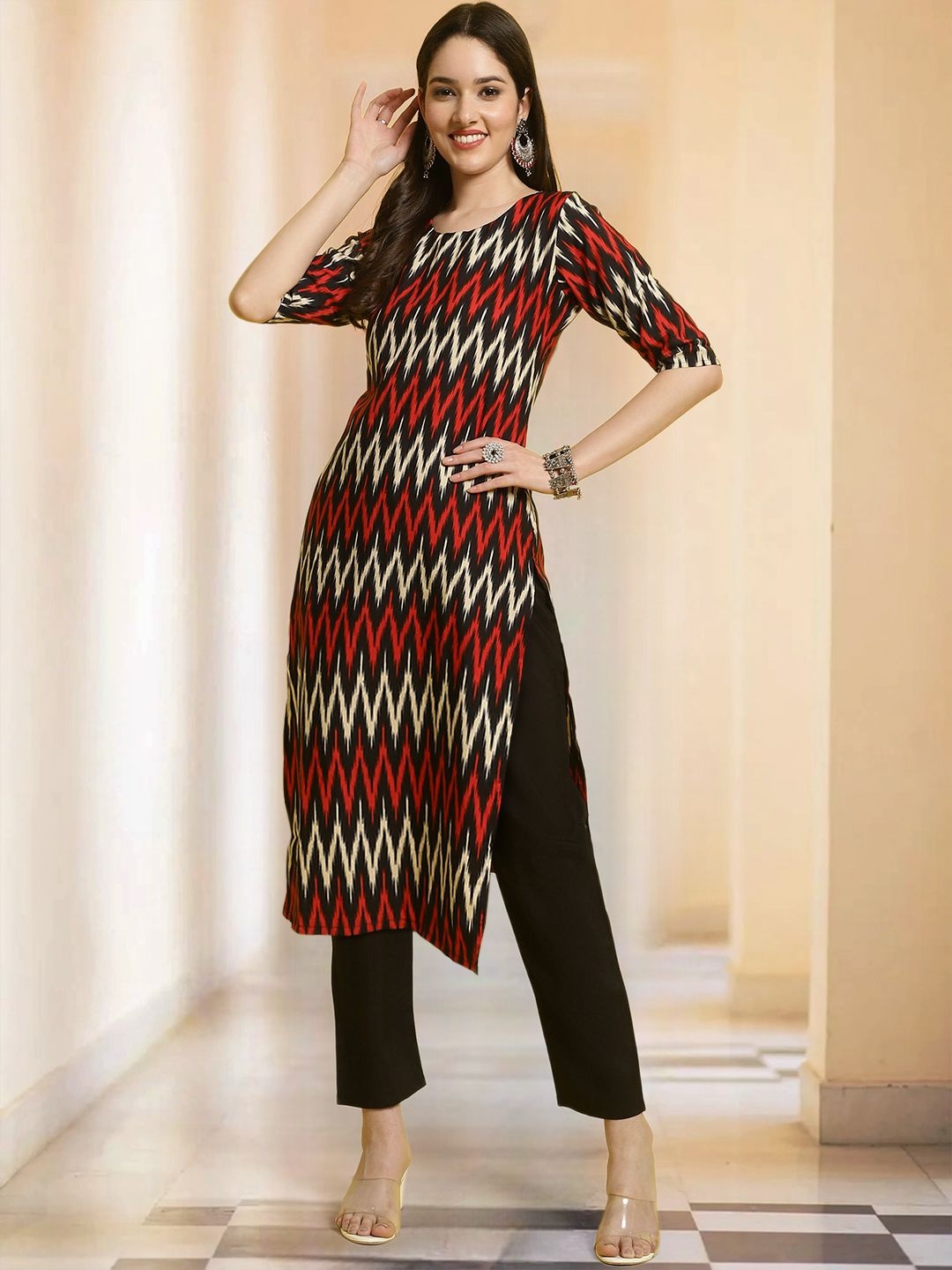 

7Threads Selection Of 2 Chevron Printed Round Neck Straight Kurta With Trousers, Black