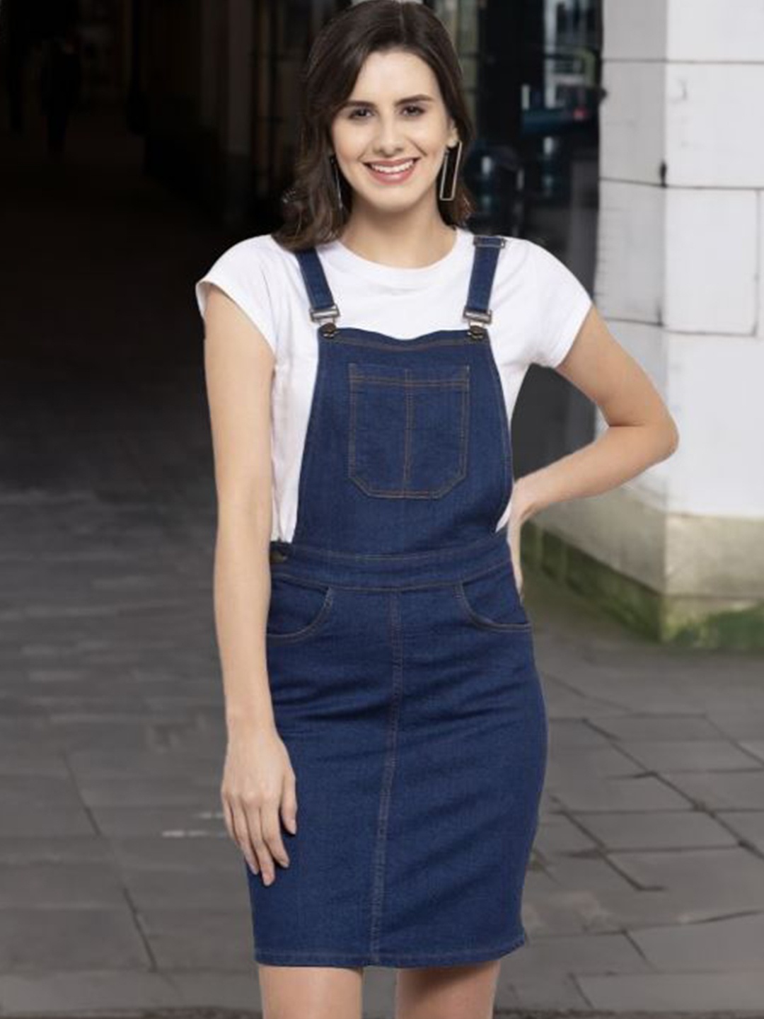 

STYLECAST X KASSUALLY Denim Pinafore Dress, Navy blue