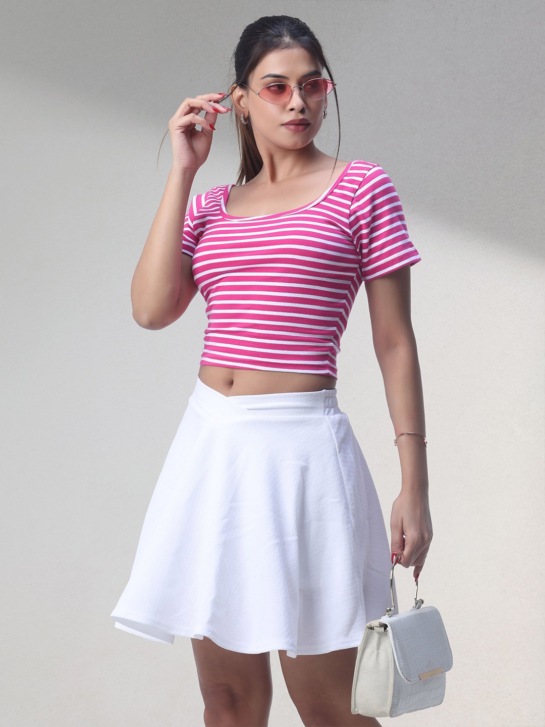 

sollobell Women Striped Cotton Fitted Crop Top, Pink