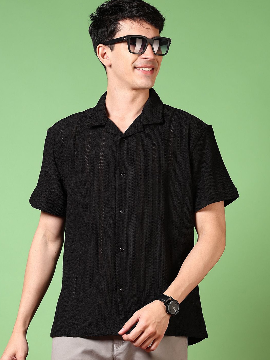 

V-Mart Men Cuban Collar Textured Cotton Casual Shirt, Black