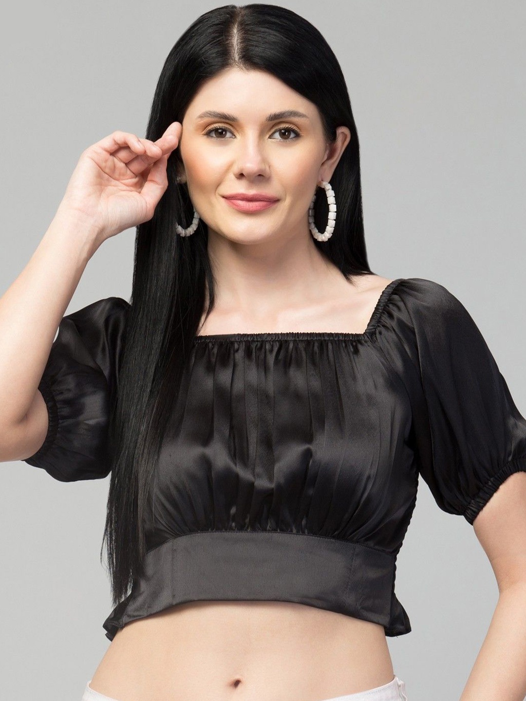 

CULPI Women Square Neck Puff Sleeve Fitted Crop Top, Black