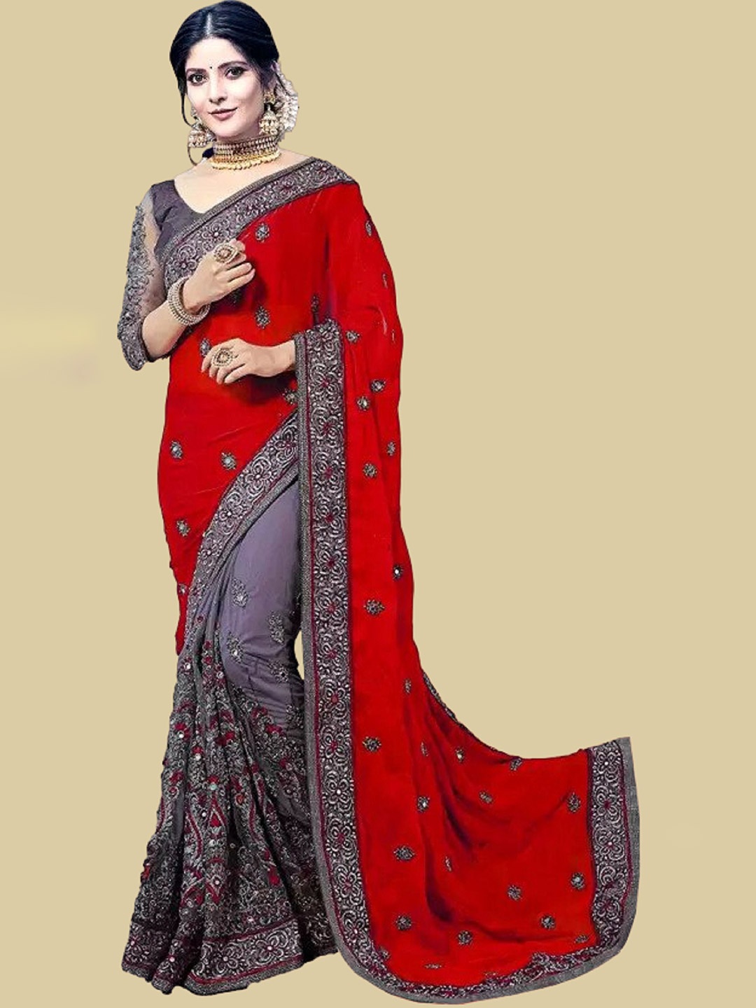 

Aika Ethnic Motifs Embroidered Pure Georgette Heavy Work Saree, Red