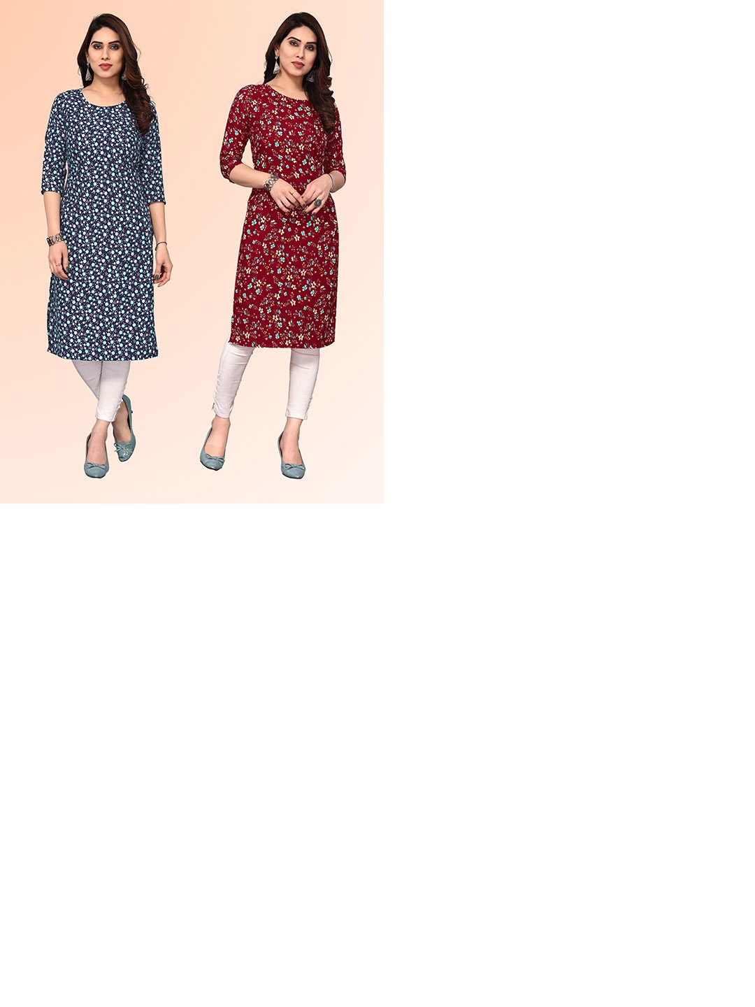 

KETAKI FASHION Selection Of 2 Floral Printed Round Neck Straight Kurtas, Maroon