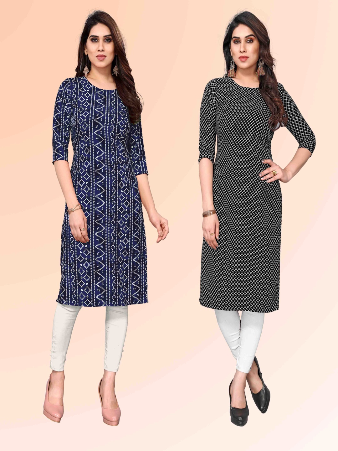 

KETAKI FASHION Selection Of 2 Bandhani Printed Straight Kurtas, Navy blue