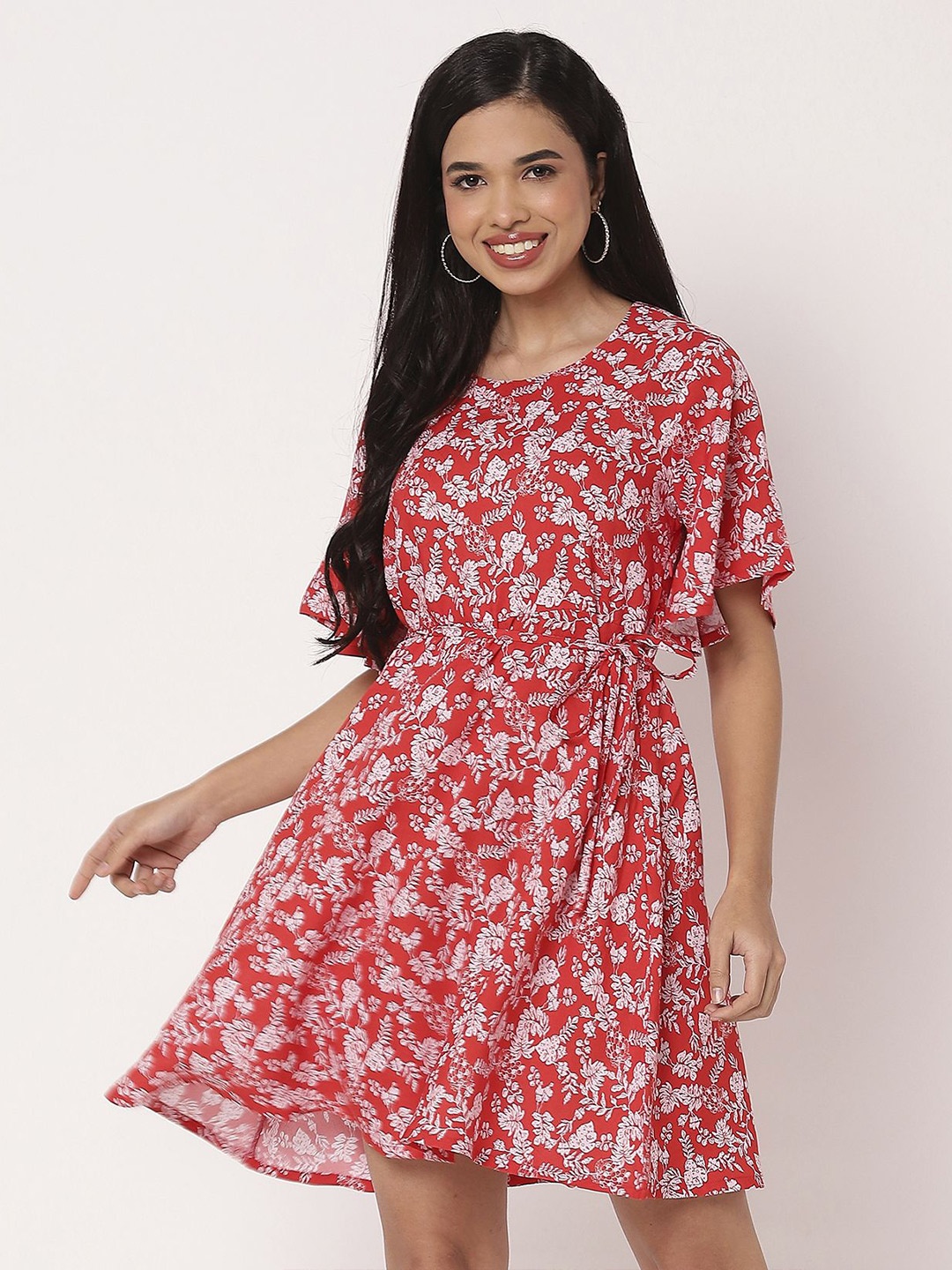 

Moomaya Floral Print Flutter Sleeve A-Line Mini Dress, Red