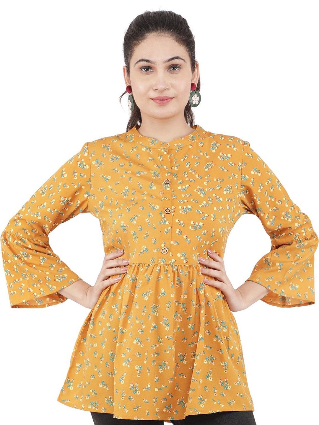 

CULPI Women Floral Printed Mandarin Collar Bell Sleeve A-Line Top, Yellow