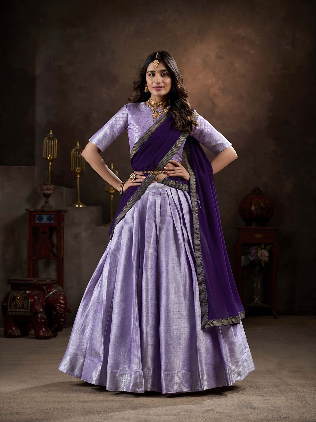 

LOOKNBOOK ART Woven Design Jacquard Silk Ready to Wear Lehenga & Blouse With Dupatta, Lavender