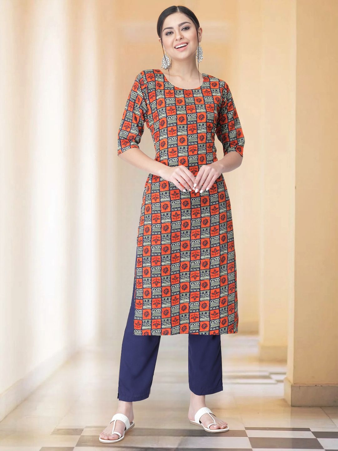 

7Threads Selection of 2 Ethnic Motifs Printed Round Neck Straight Kurtas With Trousers, Black